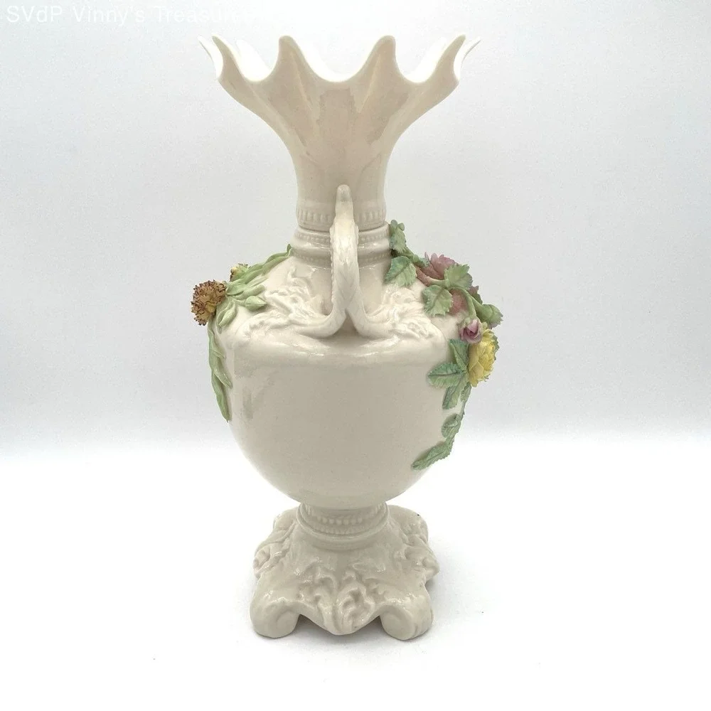 Belleek Ireland Parian China Vase Encrusted 3D Floral Roses 12.5